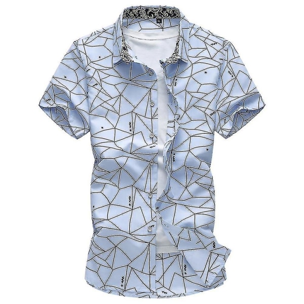 Plus Size Men Holiday Button Down-skjortor Sommar Casual Beach Kortärmad Topp Sky Blue 3XL