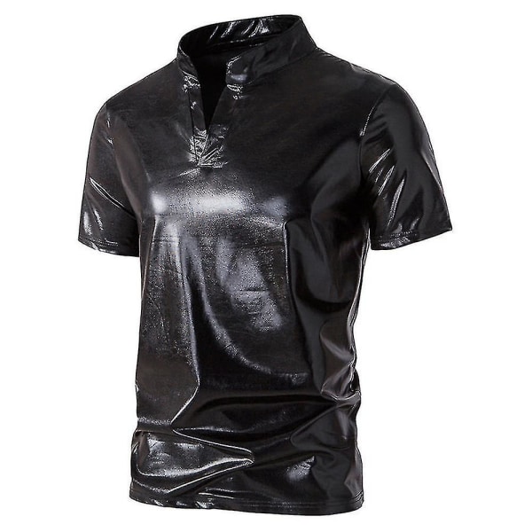 Herr V-ringad Sparkle Kortärmade Glänsande Pikétröjor 70-tal 80-tal Disco Party Casual T-shirts T-tröjor Black M