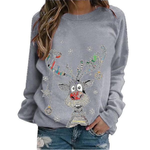 Jul Kvinnor Print Långärmad T-shirt Xmas Lös Pullover Toppar Blus Gray XL