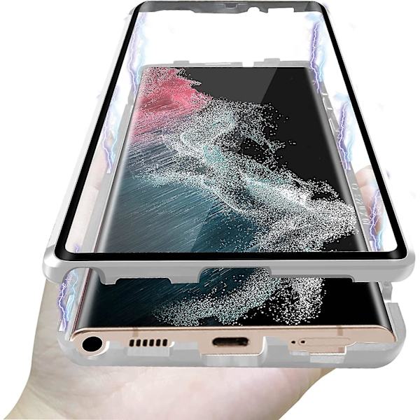 Magnetiskt fodral för Samsung S22 Ultra, dubbelsidigt telefonfodral i härdat glas med skärmskydd silver