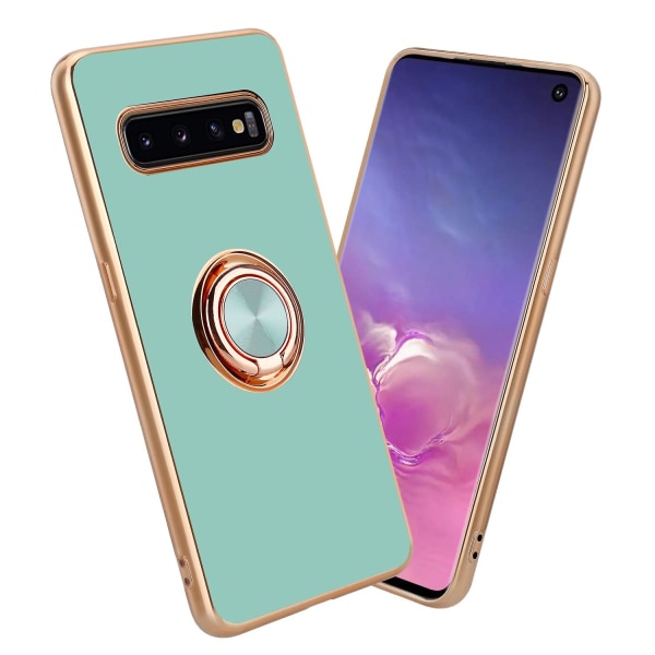 Samsung Galaxy S10 PLUS Hülle Handy Cover TPU- case - med kameraskydd och ring Glossy Turquoise - Gold Galaxy S10 PLUS