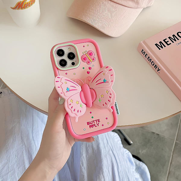 3d Butterfly Cute Cartoon Bracket Rosa Barbie Mjukt Case För Iphone 15 Pro Max/15 Pro/15 Plus/15 Julklapp till Kvinnor Flickor Pink iPhone 15 Plus
