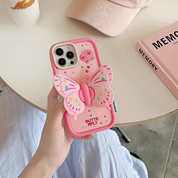 3d Butterfly Cute Cartoon Bracket Rosa Barbie Mjukt Case För Iphone 15 Pro Max/15 Pro/15 Plus/15 Julklapp till Kvinnor Flickor Pink iPhone 15 Pro