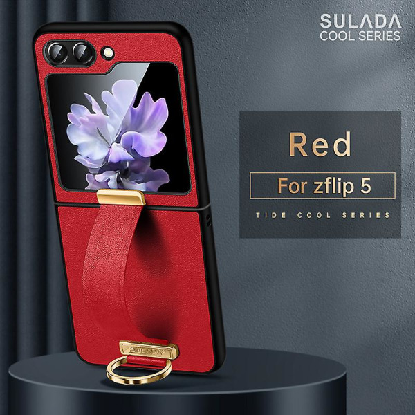 Z Flip 5 Case, tunt Pu Läder Ring Stand Case För Samsung Galaxy Z Flip 5 Med handremshållare Red