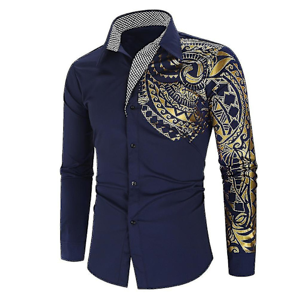 Herr guld långärmad skjorta med vänster print Blue L
