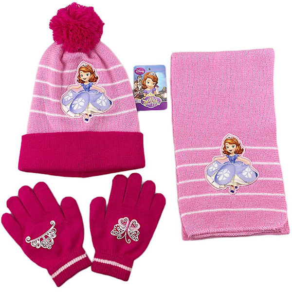 3-8 år Barn Flickor Frozen Elsa Anna Minnie Printed Vinterstickad Mössa Halsduk Handskar Set C