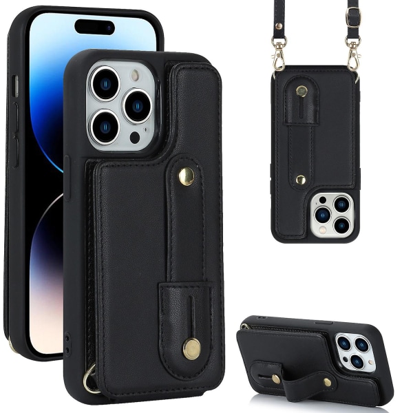 För Iphone 14 Pro Handledsrem Kickstand Armband Phone case Pu Läderbelagd TPU- cover Black