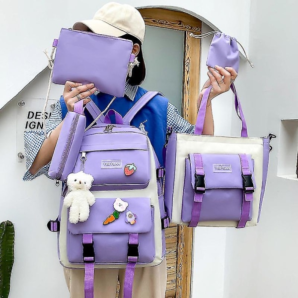 Nya 4 st set Lila färg Barn skolryggsäck Kawaii dam ryggsäck Bokväska Skolväskor för tonåringar flickor Mochila Pink Only-Bag