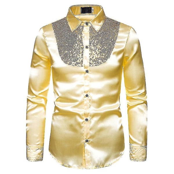 Herr paljetter Glitter Slim Fit Button-down skjortor Party Långärmad Klänning Skjorta Toppar Golden L