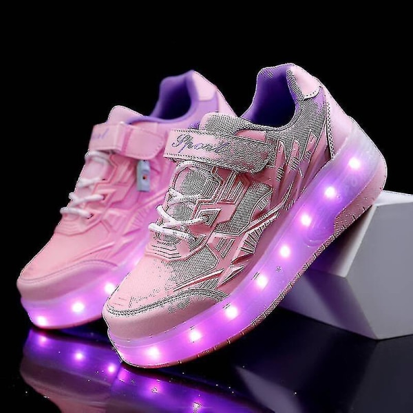 Childrens Sneakers Dubbelhjulsskor Led Light Skor Q7-yky Pink 36