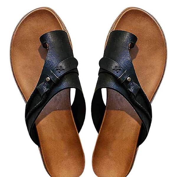 Dam Ortopediska Retro Flats Tofflor Toe Ring Sandaler Sommar Beach Holiday Skor Black EU37