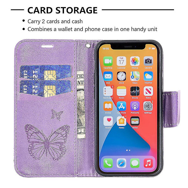 Imprint Butterfly Magnetisk stängning Läderställ Plånbok Case Fodral med rem för Iphone 13 Mini 5,4 tum - lila Purple