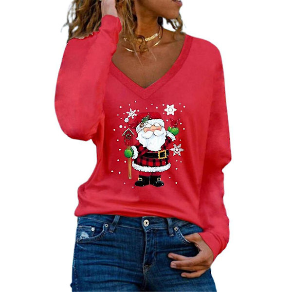 Jul Kvinnor Santa Claus brev printed V-ringad T-shirt Casual långärmad tunika Toppar Blus Red M