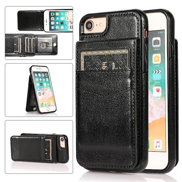 För Iphone 7 / 8 / Se (2020) / Se (2022) Korthållare Phone case Kickstand Pu Läder + Tpu cover Black