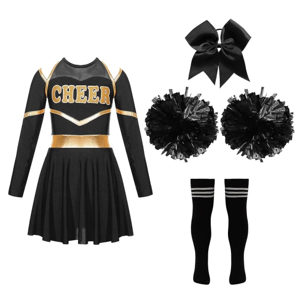 Barn Cosplay Cheer Team Danskläder Barn Flickor Cheerleading Uniform Klänning Med Blombollar Set Cheerleader Kostymer 6 A Black White