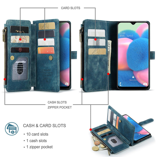 Case för Samsung Galaxy A30sa50sa50 cover Plånbok Slitstark Pu-läder Magnetic Flip Dragkedja Korthållare - Blå Blue none