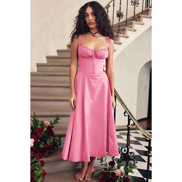 Blommönstrat print ärmlöst rynkad byst delat lår Boho midiklänning Carmen print bustier solklänning Pink Slip Dress Asia L  EU M