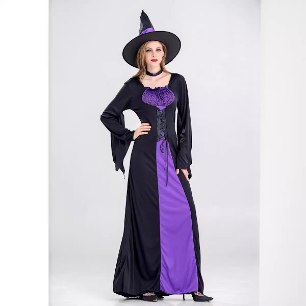 Ny Halloween häxkostym vuxen rollspel lila häxa lång klänning cosplay performance kostym 9026# hat, neck ring, dress M