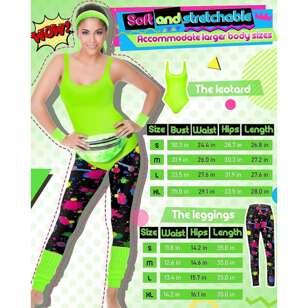 7 st 80-tals träningskostym 80- set 80-tals 90-tals Leotard Legging Pannband Armband Benvärmare Örhängen Fanny Pack Bright Neon XX-Large