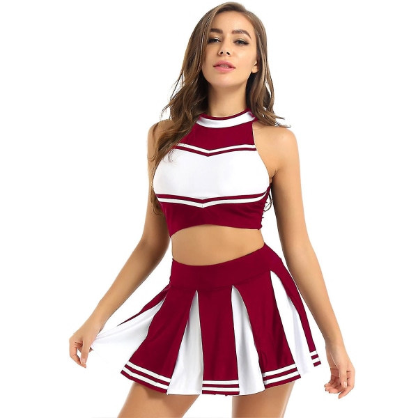 Kvinnor Vuxna Cheerleader Uniform Performance Outfit Japansk Skolflicka Cosplay Kostym Ärmlös Crop Top Mini plisserad kjol Wine Red A S