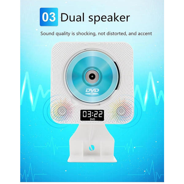 Väggmonterad Bluetooth Cd-spelare med fjärrskärm Bluetooth -funktion Cd-spelare stöder Mp3 Wma Vcd Dvd-format Engelska Learni Blue