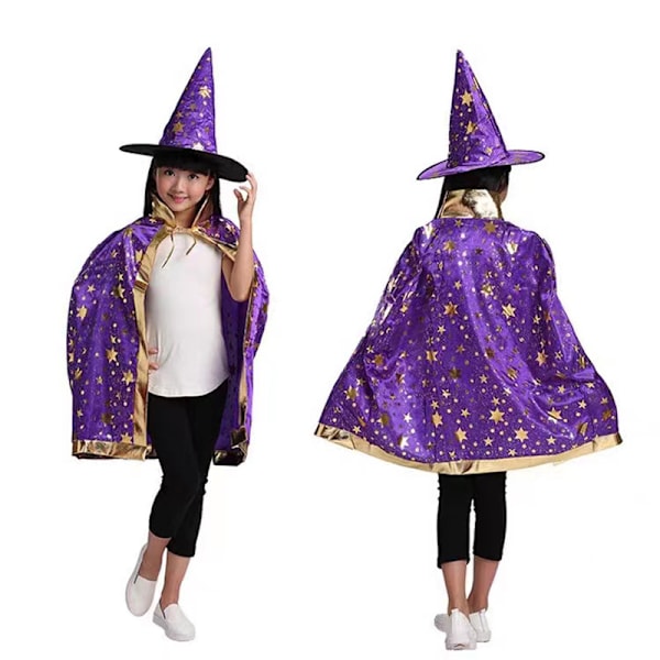 Halloween-mantel Barnkostym Liten Häxa Mage Cosplay Femstjärnig Mantel Hatt Set Black XXS