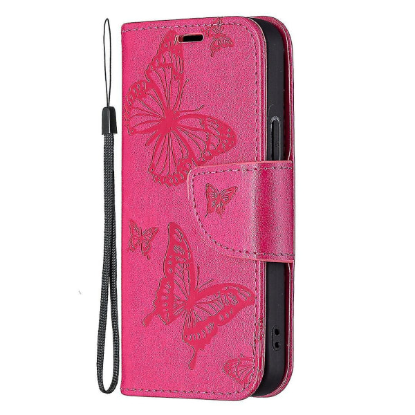 Imprint Butterfly Magnetisk stängning Läderställ Plånbok Case Fodral med rem för Iphone 13 Mini 5,4 tum - lila Rose