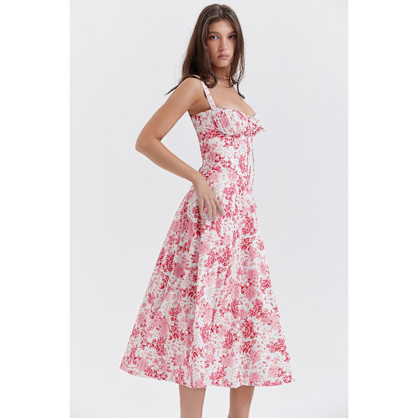 Blommönstrat print ärmlöst rynkad byst delat lår Boho midiklänning Carmen print bustier solklänning Red Flower Asia S   EU XS