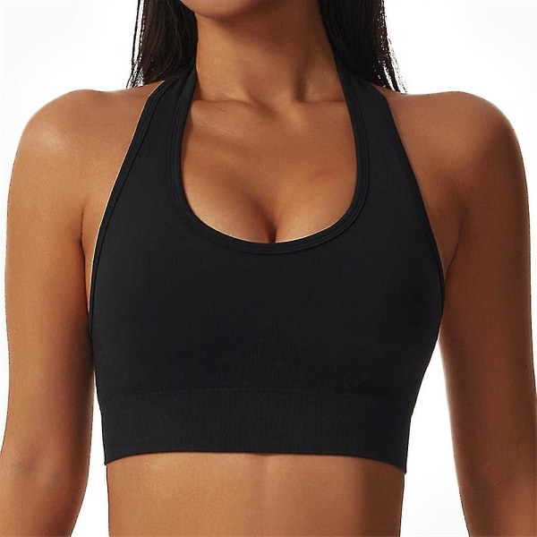 Halterneck Sports BH Backless Fitness Bustier Vadderad Push Up BH för kvinnor Black S