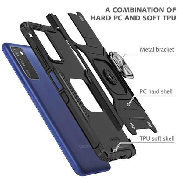 Xhy Samsung Galaxy A03S Case med magnetisk ringhållare Kickstand Militärklass helkropp Dubbellagers fallskydd Robust Hållbar lossnar black