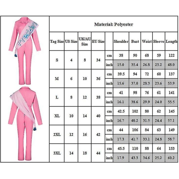 Halloween Vuxen Barbie Rosa Power Jumpsuit med skärp stolt över att vara kvinna kostym 2XL
