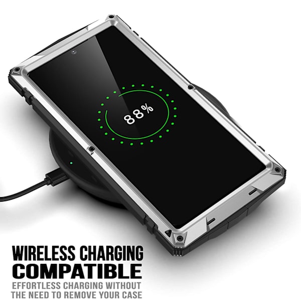 R-just för Samsung Galaxy S23 Ultra PC+silikon+metall Vattentätt, droppsäkert case Dold Kickstand Bakre cover med skärmskydd i härdat glas Silver