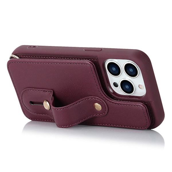 För Iphone 14 Pro Handledsrem Kickstand Armband Phone case Pu Läderbelagd TPU- cover Wine Red