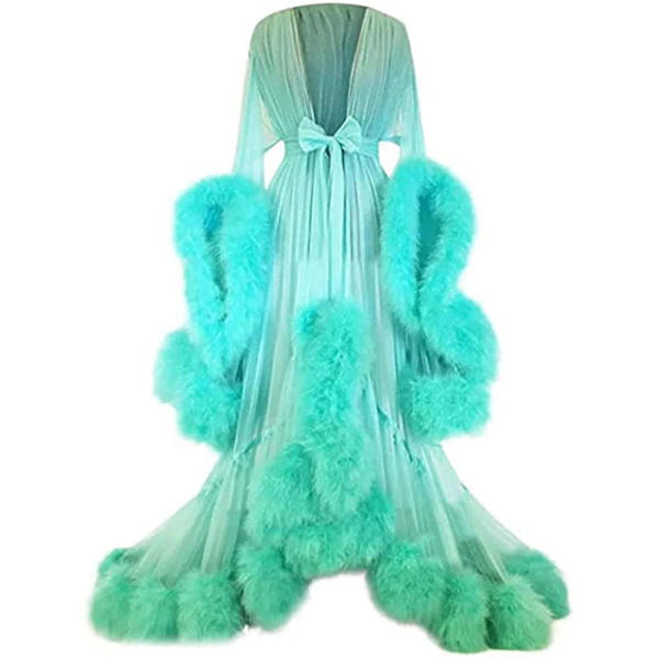 Släpande långklänning för kvinnor med fjäderutsvängda ärmar, perfekt för möhippa Mint Green One Size