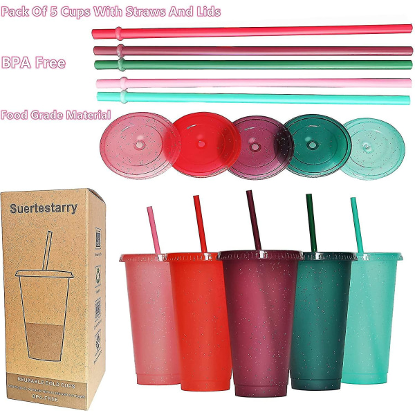 5-pack tumlare med sugrör och lock, vattenflaska iskaffe resemugg kopp, återanvändbara plastmuggar, perfekt för fester, födelsedagar, 24 oz null none