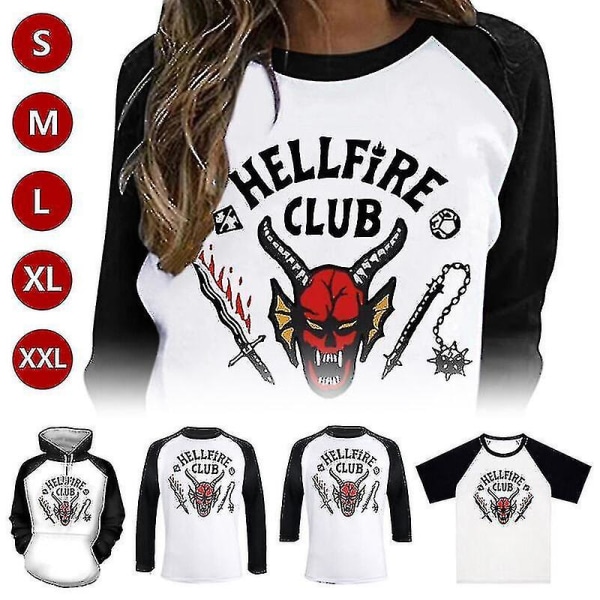 Vuxna Unisex Stranger Things Säsong 4 Hellfire Club T-shirt Topp med huvtröjor 3 4 Sleeve XXL