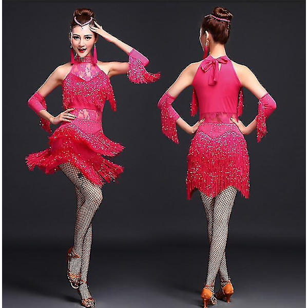 Nya latinska dansdräkter Dam Salsa Danskläder Dansdräkt Klänningar Ballroom Tävlingsklänningar Tango Vuxen Fringe Guld Paljett Red M