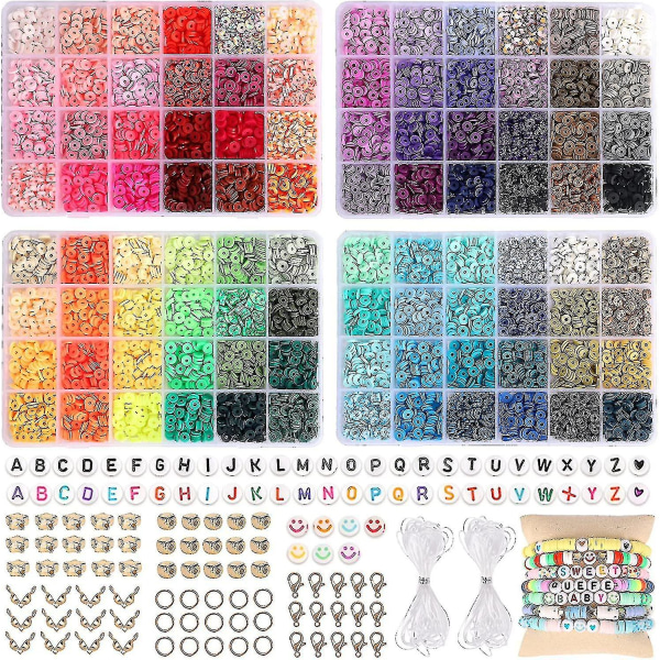 9600st lerpärlor för smyckestillverkning, 96 färger spacer Heishi-pärlor Platta runda polymerlerpärlor med bokstavspärlor Smiley och el