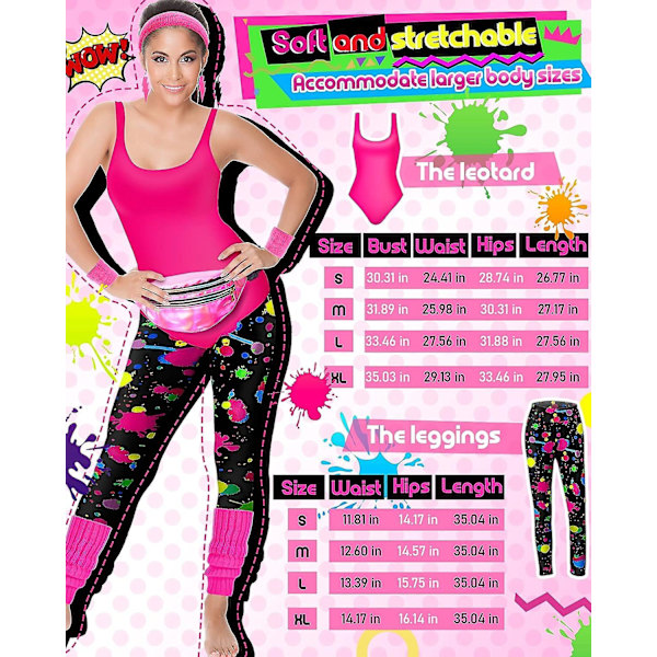 7 st 80-tals träningskostym 80- set 80-tals 90-tals Leotard Legging Pannband Armband Benvärmare Örhängen Fanny Pack Neon Style X-Large