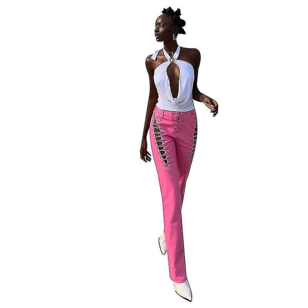Pu-läderbyxor för kvinnor med snörning ihåliga byxor Pink L