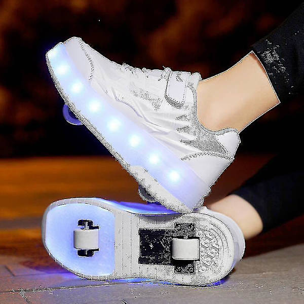 Childrens Sneakers Dubbelhjulsskor Led Light Skor Q7-yky White 34