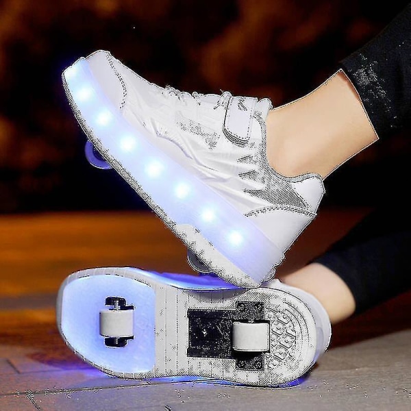 Childrens Sneakers Dubbelhjulsskor Led Light Skor Q7-yky White 36