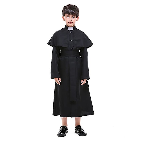 Svarta präster Cassock katolsk romersk dräkt Cape Soutane Halloween kostym för barn Påve Missionär uniform medeltida präster set L (for 130-140cm)