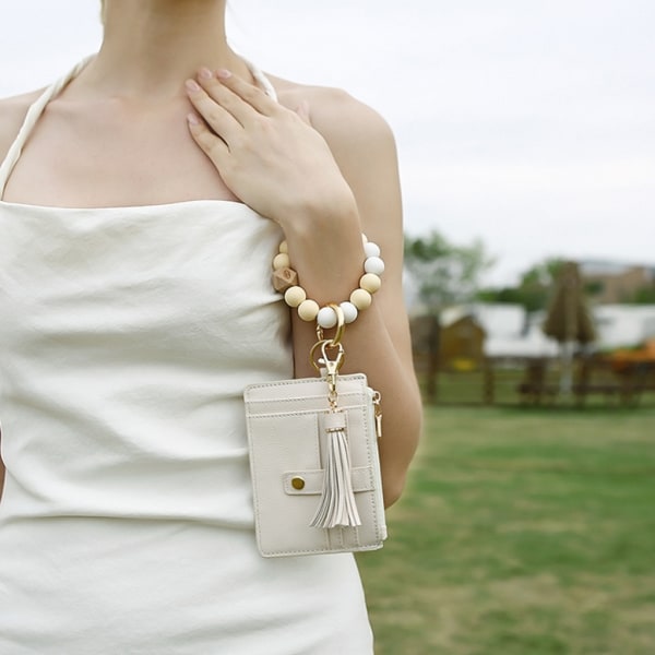 Nyckelring Armband Plånbok Nyckelring Silikonpärla Armring Tofs Kort Fick Nyckelringar för Kvinnliga Flickor - spot försäljning Beige