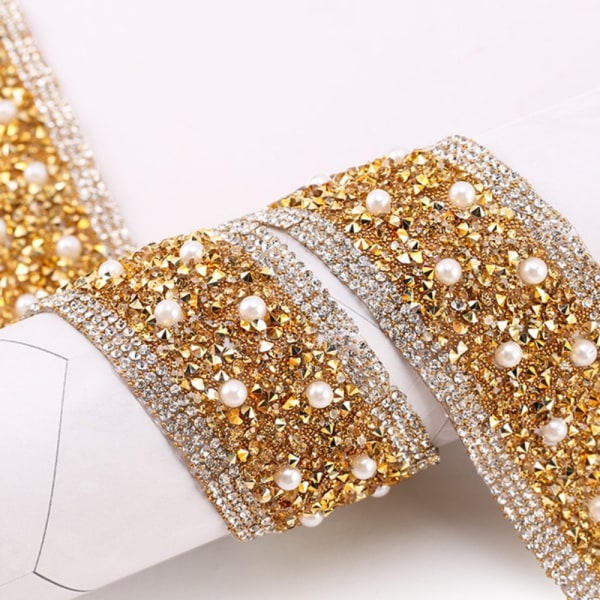 Rhinestone Trim Pearl Crystal Tape GOLD - spot-myynti gold