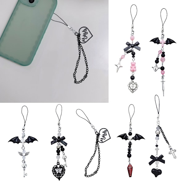 Goth Y2K telefon berlock hänge Kawaii-nyckelring för väska Söt tillbehör Kvinnor Gitarrband Lanyard pärlstav Nyckelring hänge - on stock null - Style 3