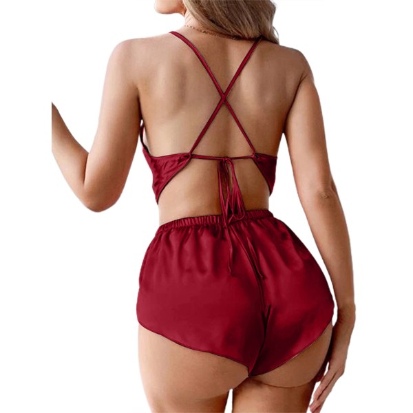 Damunderkläder Sexiga Silkeshorts Set Nattkläder Teddy - on stock wine red M