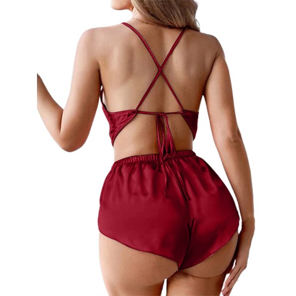 Naisten alusvaatteet Sexy Silk Shorts Set Yöasut Teddy - varastossa wine red M