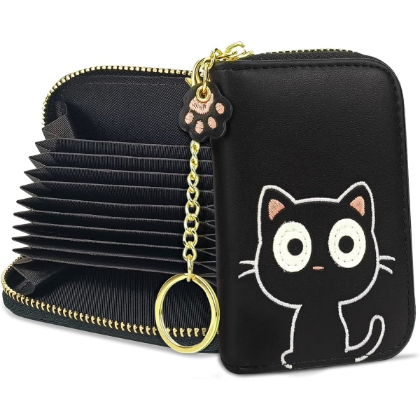 Söt kreditkortshållare i läder för kvinnor, RFID-skydd liten dragkedja plånbok med nyckelring (svart katt) - high quality