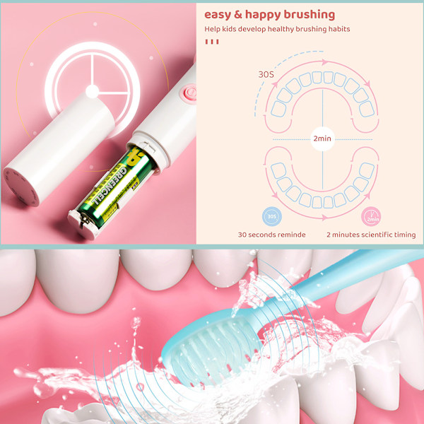 Barn Elektrisk tandborste Batteri Sonic tandborste, 2-9 år gammal - spot sales pink